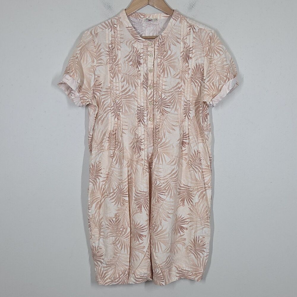 Faherty Gemina Dress Peach Palm Linen Blend Pintuck L Tropical Coastal Cruise